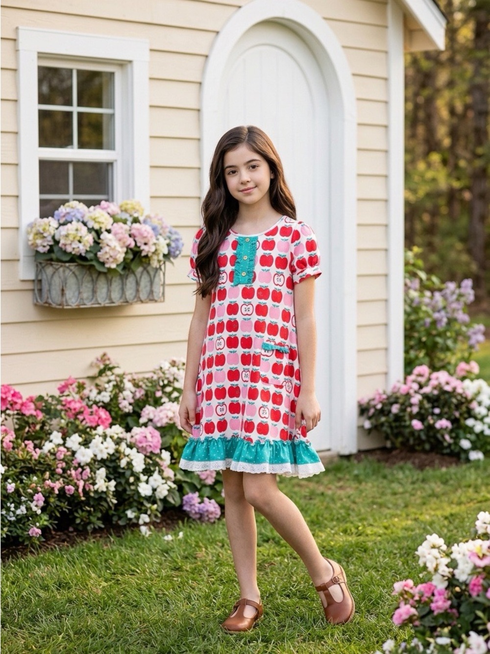 SweetHoney Back to School Girls' Red Apple Dress Set with Shorts Size 10 EUC